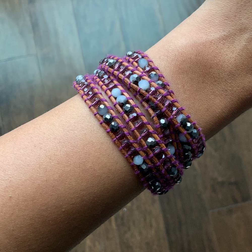 VICTORIA EMERSON Leather Wrap Brace with Pink and Grey Beads